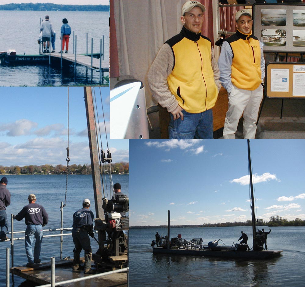 Fineline Docks installation and removal barge transporting dock sections on Lake Minnetonka