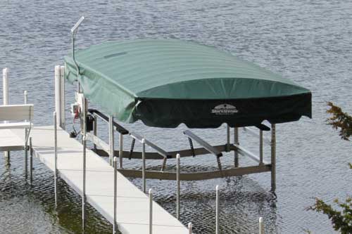 Durable aluminum boat lift installed on Lake Minnetonka dock for safe and easy boat storage